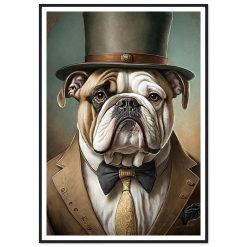 Porträtt av en bulldog som bär en grå hög hatt, en brun kavaj och en svart fluga med en guldmönstrad slips, mot en blågrön bakgrund.